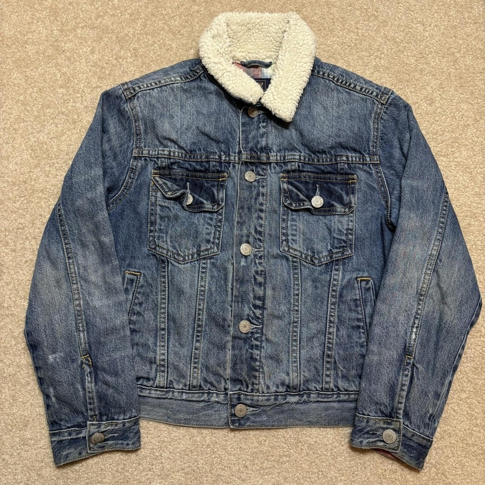 Gap Pendleton Kids Denim Jacket Youth Large 10-11 Blue Sherpa Collar Plaid Lined
